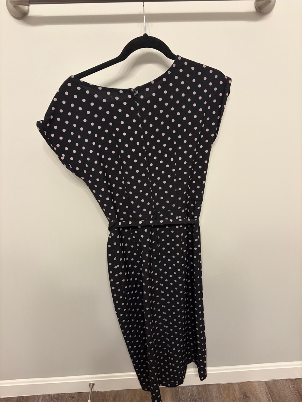 Stop Staring Black Midi Dress with Blush Pink Polka Dots and Waist Tie - Picture 3 of 4